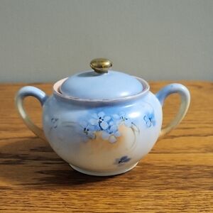 Blue Floral Porcelain Sugar Bowl with Lid and Gold Knob